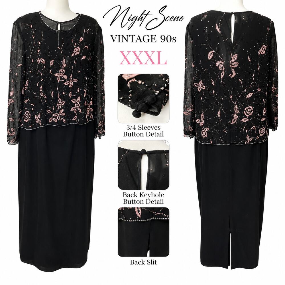 Elegant Vintage 90s Black Chiffon Floral Beaded Midi Dress Cocktail LBD Classic